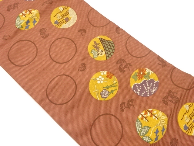 JAPANESE NAGOYA OBI / WOVEN FLORAL PLANTS & SAILING SHIP